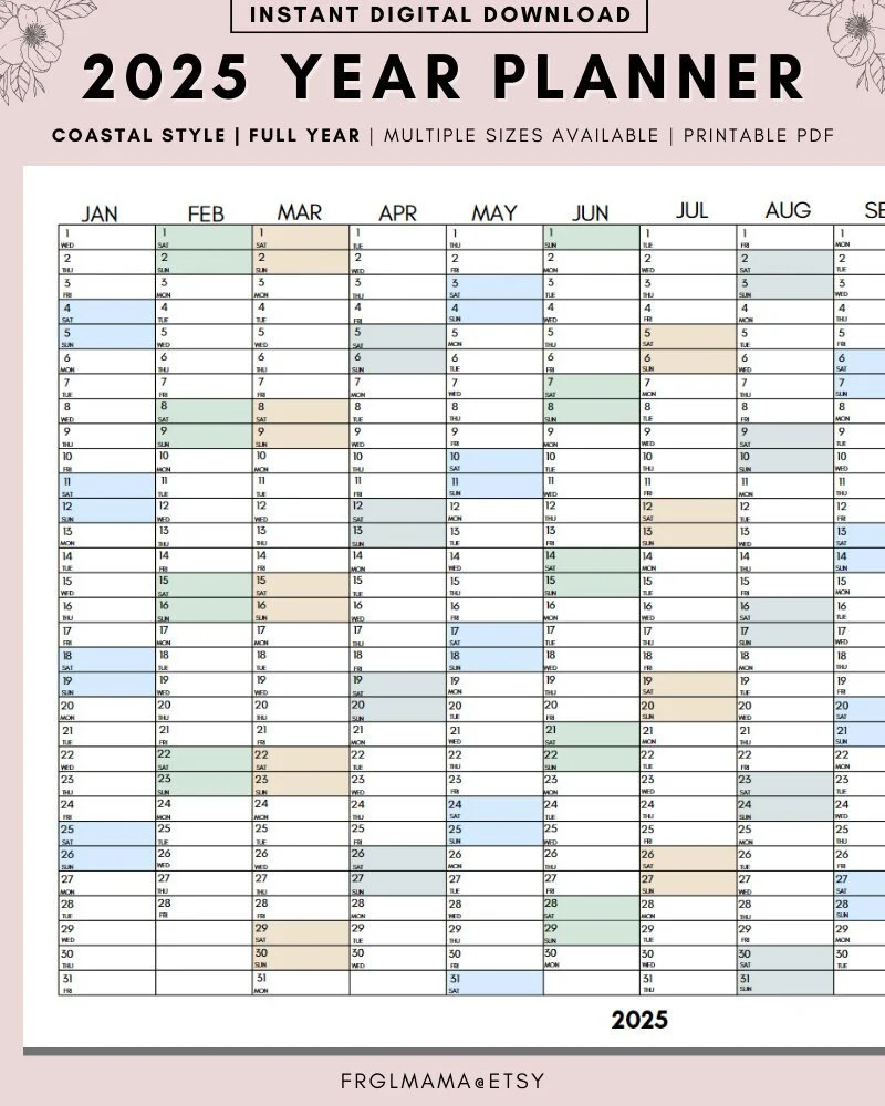2025 Yearly Calendar Printable Color