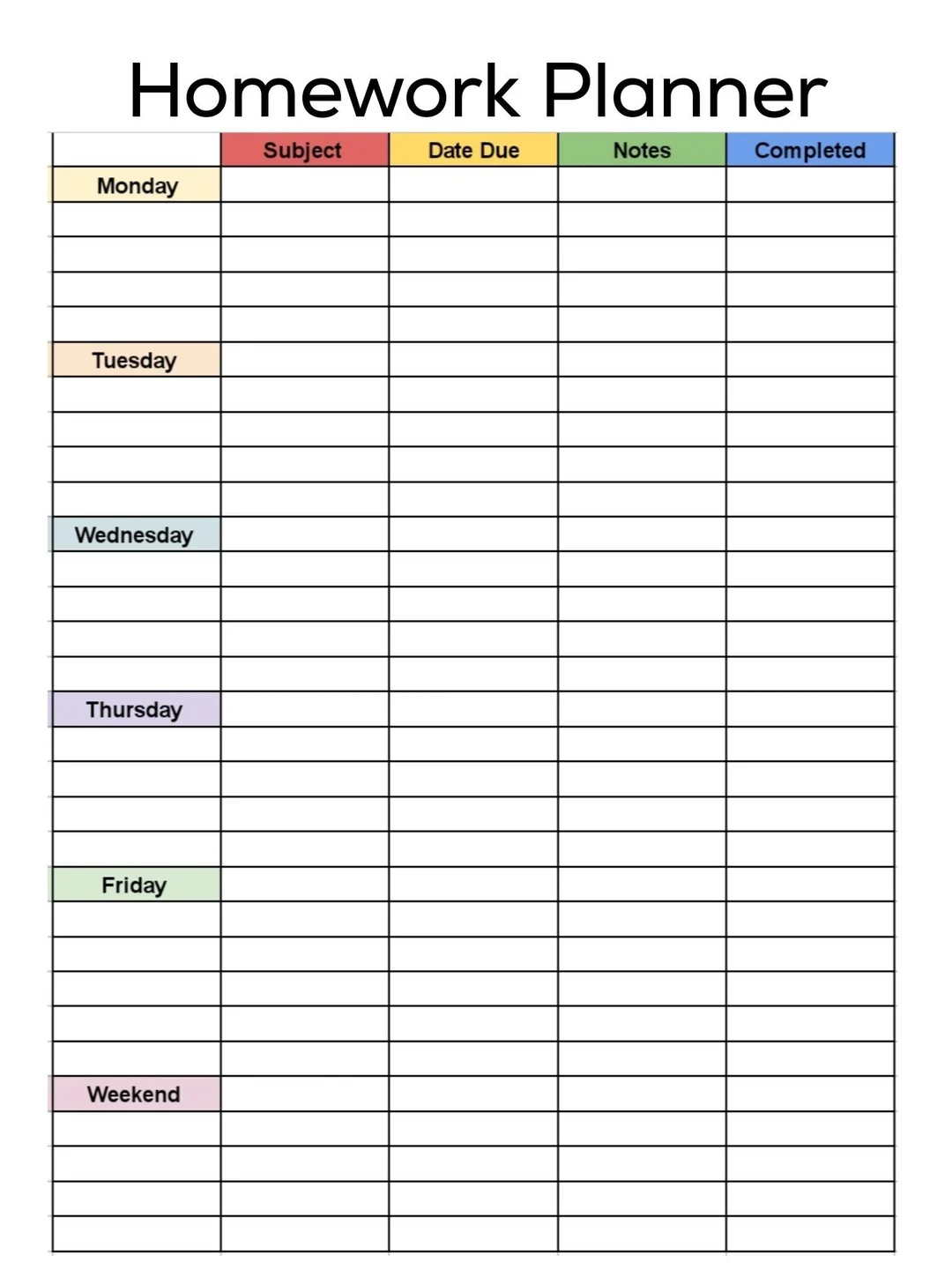 Homework Planner Homework Tracker Homework Schedule Instant Printable Digital Download Etsy