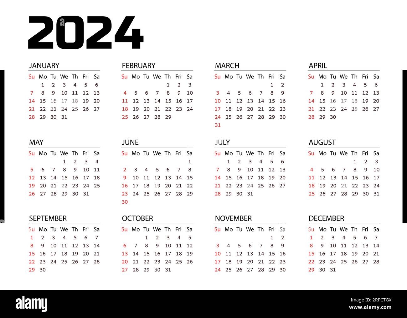 Horizontal Pocket Calendar On 2024 Year Vector Template Calendar For Business On White Background Week Starts From Sunday Stock Vector Image Art Alamy