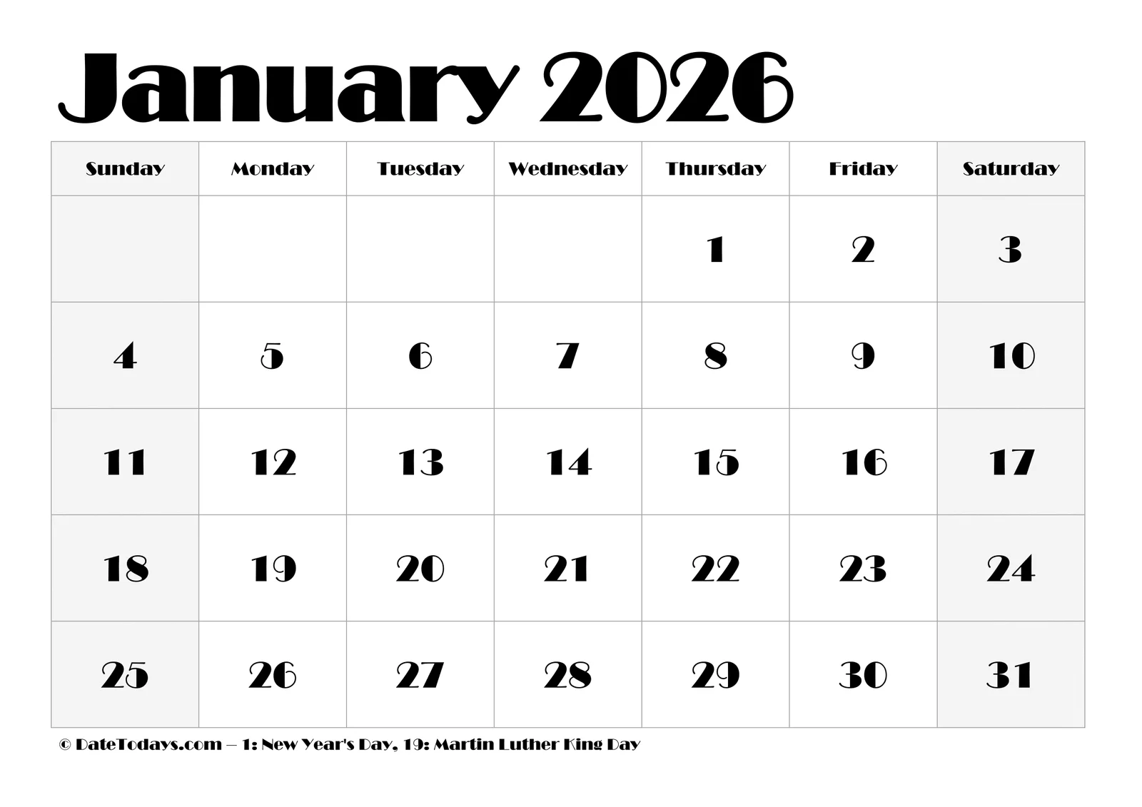 January 2026 Calendar Printable PDF With Holidays