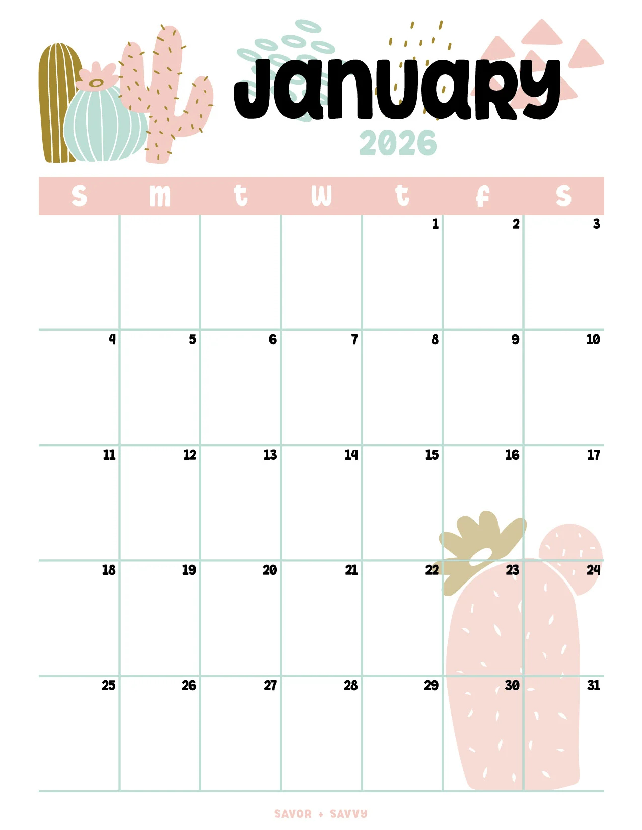 January 2026 Calendar Templates 14 Free Printables Savor Savvy