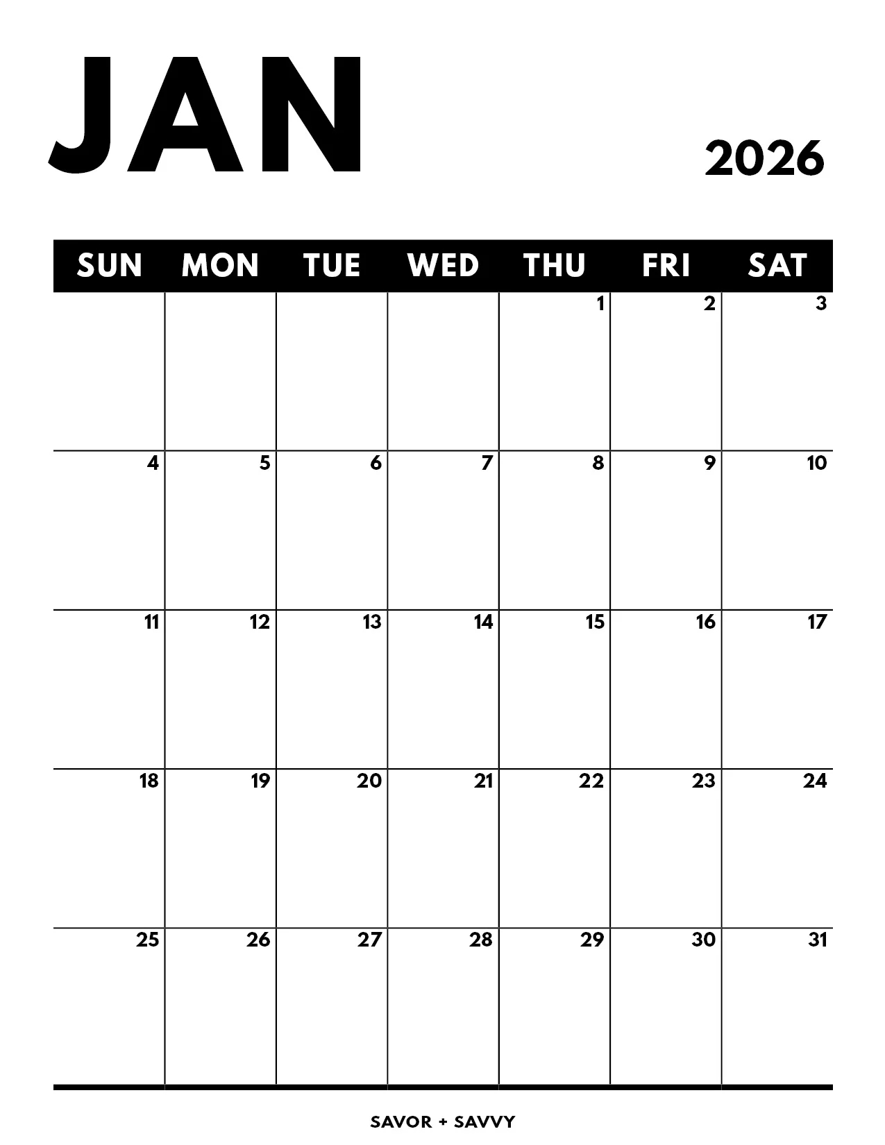 January 2026 Calendar Templates 14 Free Printables Savor Savvy