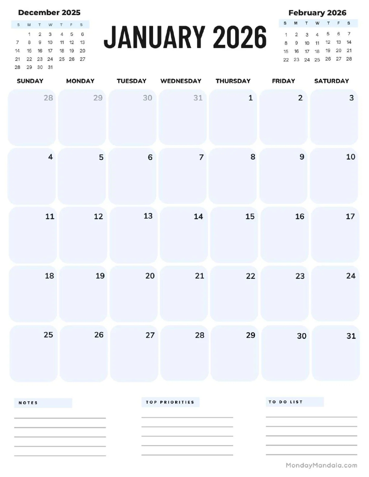 Printable Calendar For January 2026