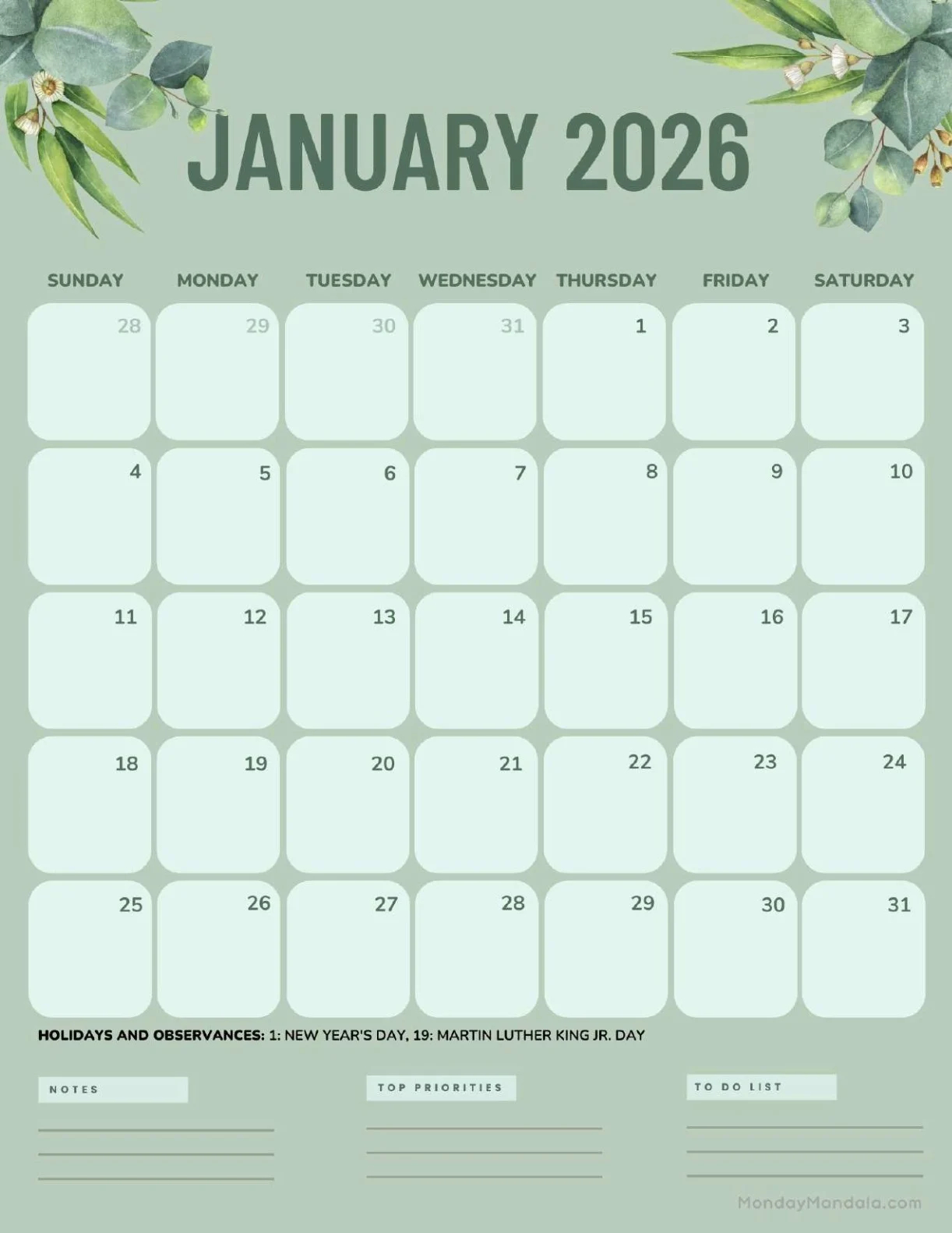 2026 January Calendar Printable