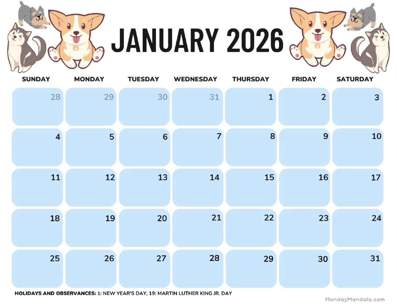 Free Printable Calendar January