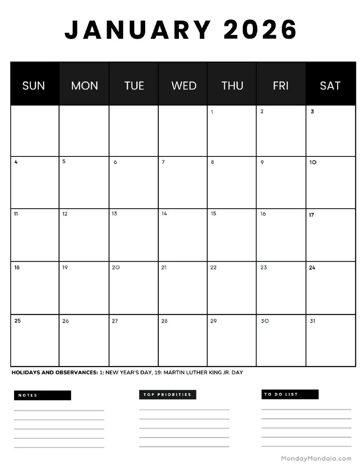 January Calendar 2026 Free Printable