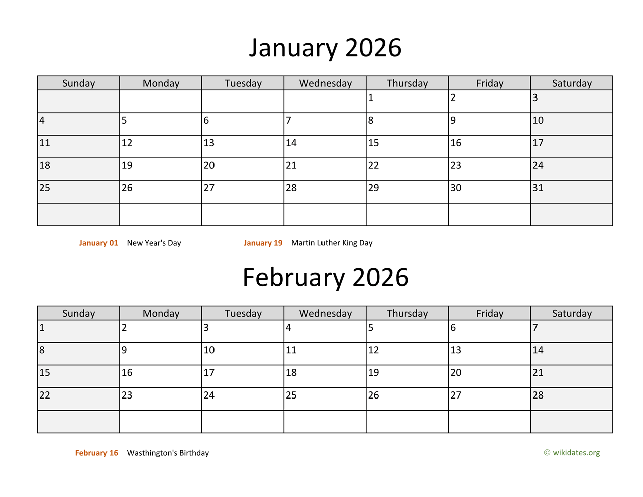 Jan 2026 Printable Calendar