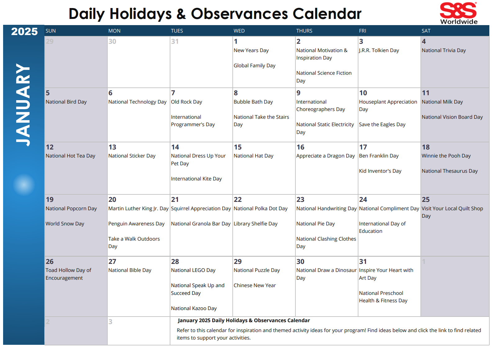 January Daily Holidays Observances Printable Calendar S S Blog