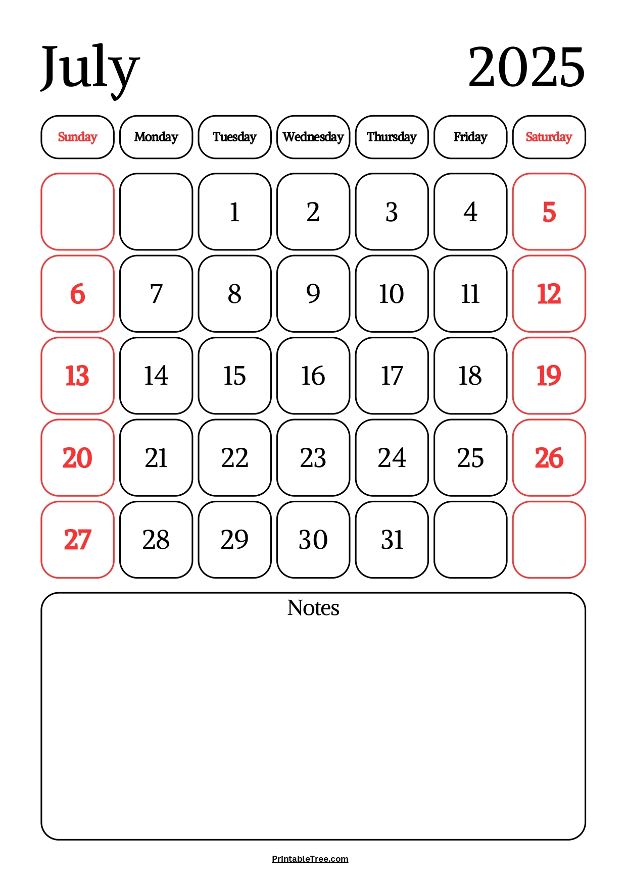 Printable July 2025 Calendar