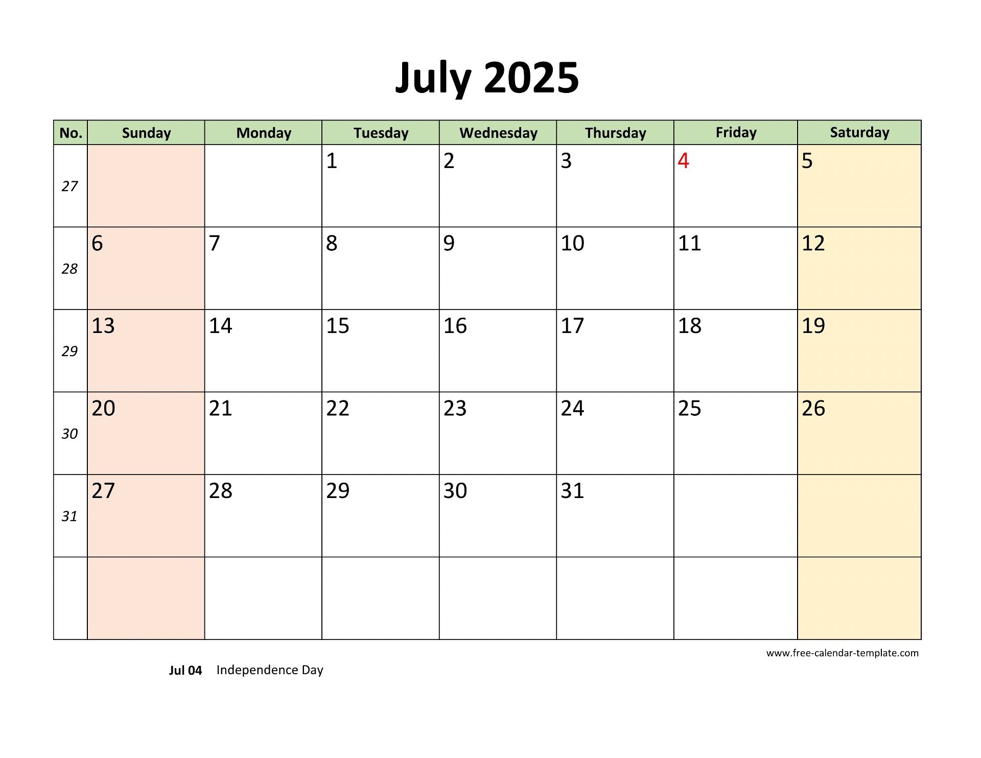 July 2025 Calendar Printable With Coloring On Weekend horizontal Free Calendar template July 2025 Calendar Printable With Coloring On Weekend horizontal Free Calendar template
