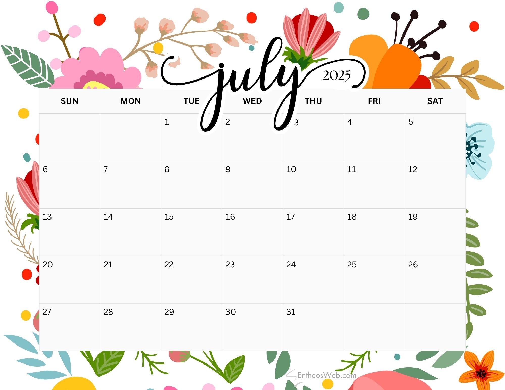Easy Free Printable Monthly Calendars 2025 With Holidays