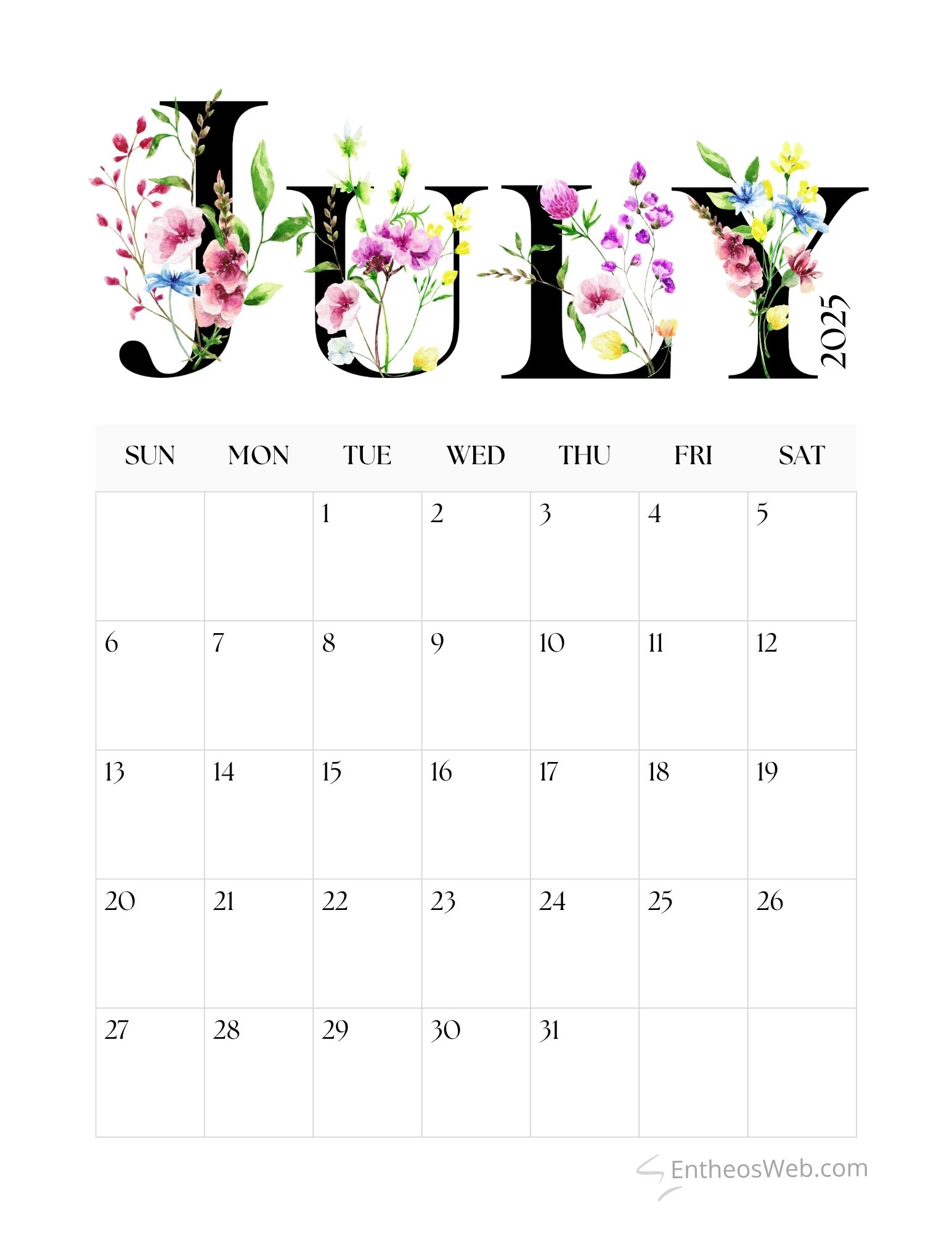 Floral Free Printable July2025 Calendar Floral Free Printable July2025 Calendar