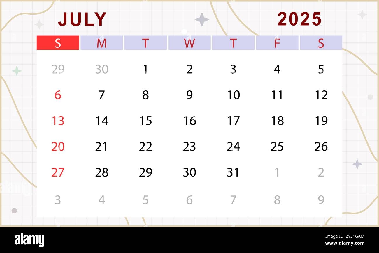 July 2025 Monthly Calendar Cute Calendar Template Sunday Start Vector Design Stock Vector Image Art Alamy July 2025 Monthly Calendar Cute Calendar Template Sunday Start Vector Design Stock Vector Image Art Alamy