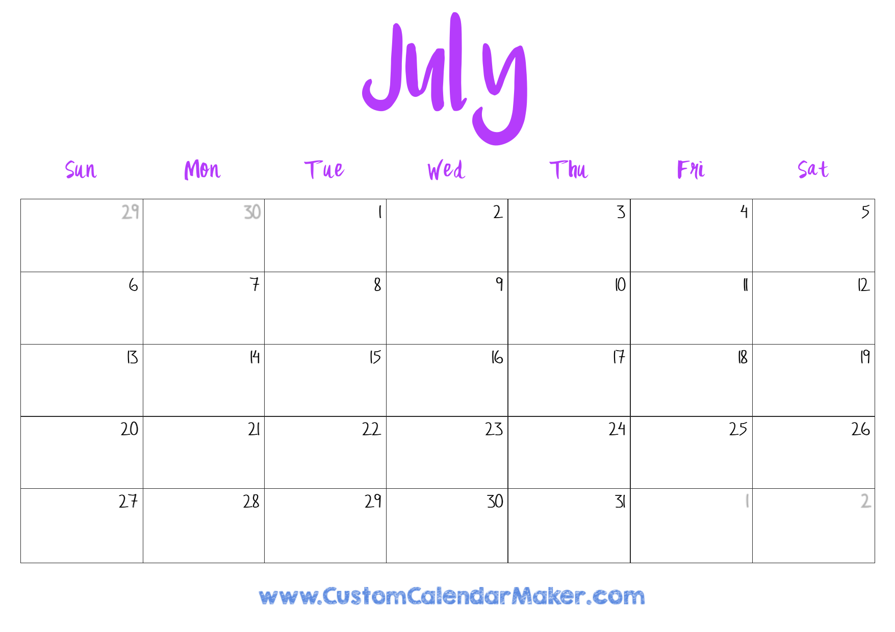 July Calendar 2025 Printable Cute