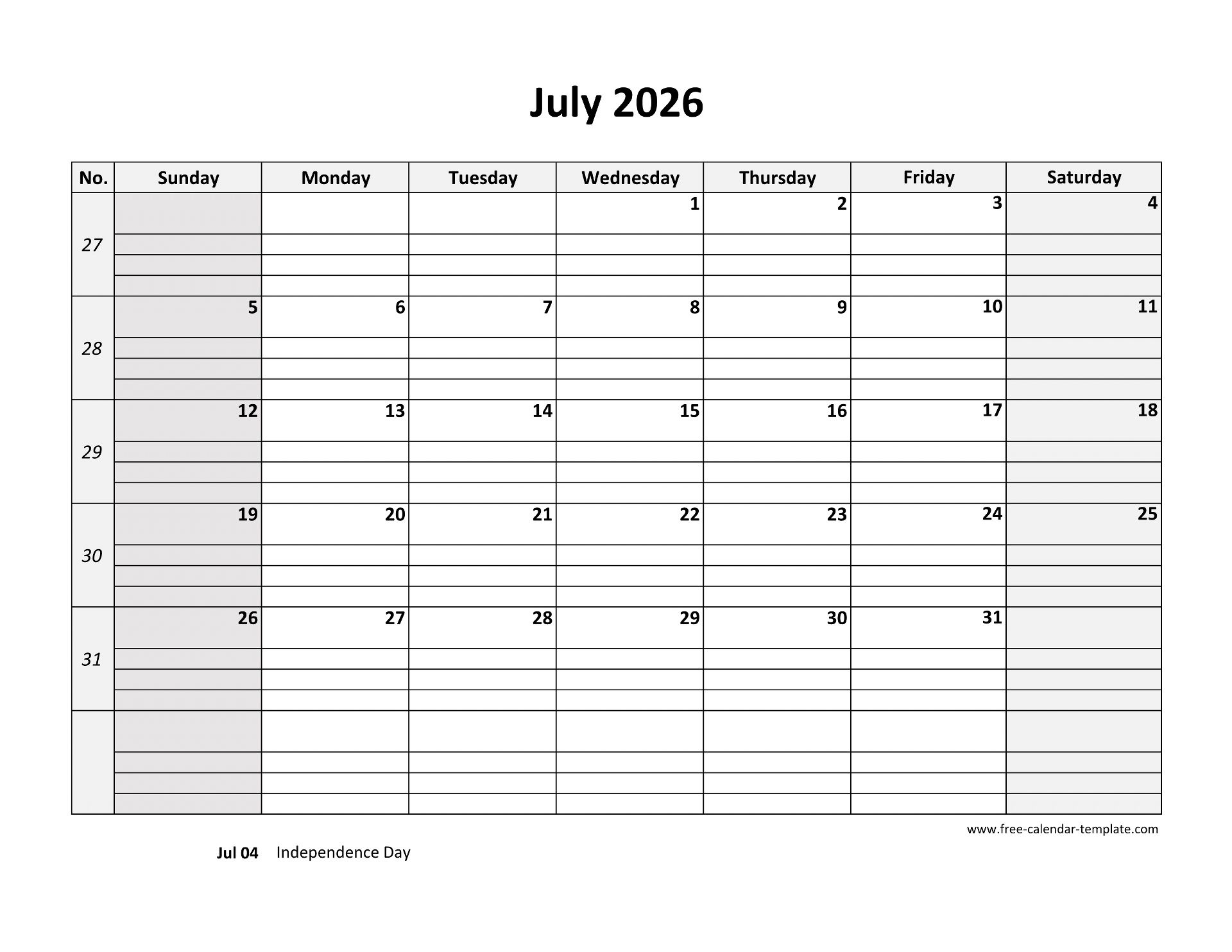 July 2026 Calendar Free Printable With Grid Lines Designed horizontal Free calendar template