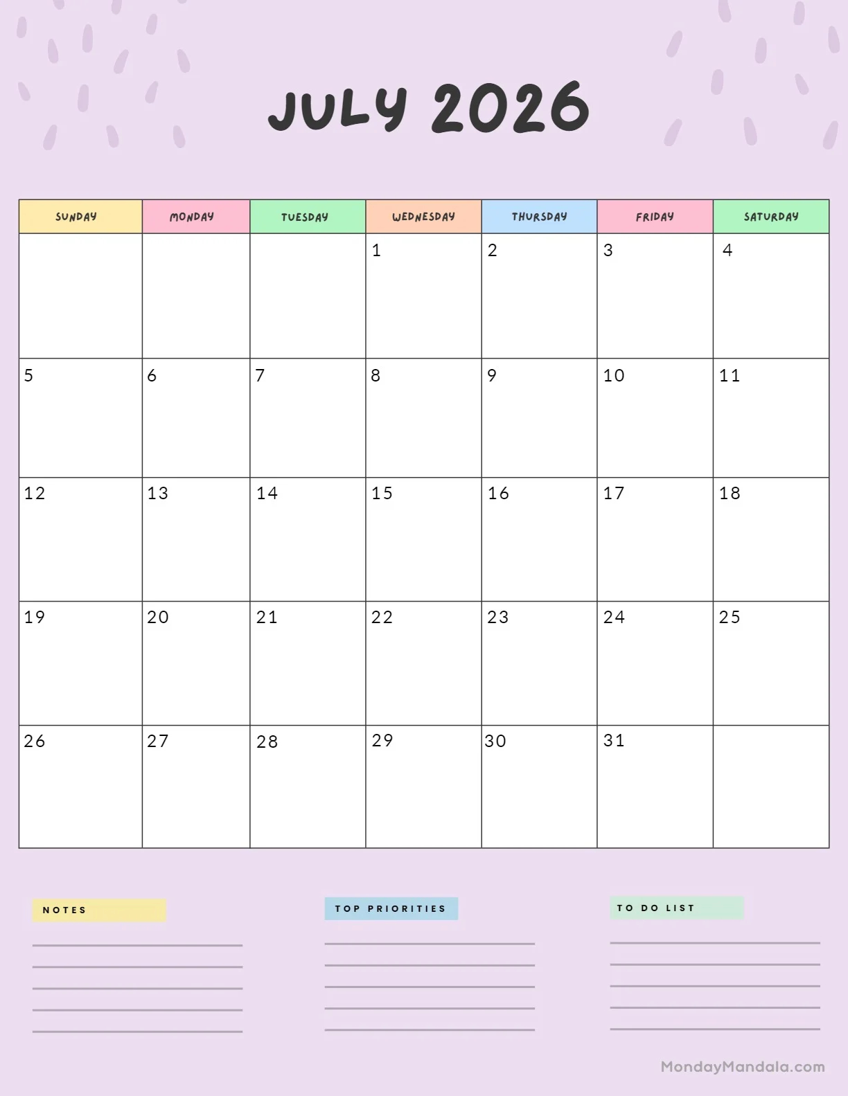 July Calendar 2026 Printable Free July Calendar 2026 Printable Free