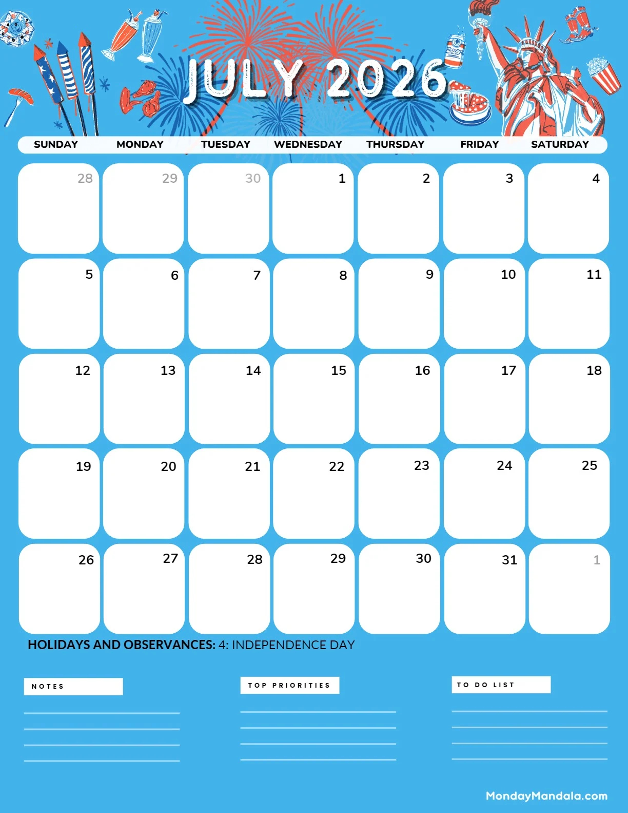 Printable Calendar July 2026 Landscape