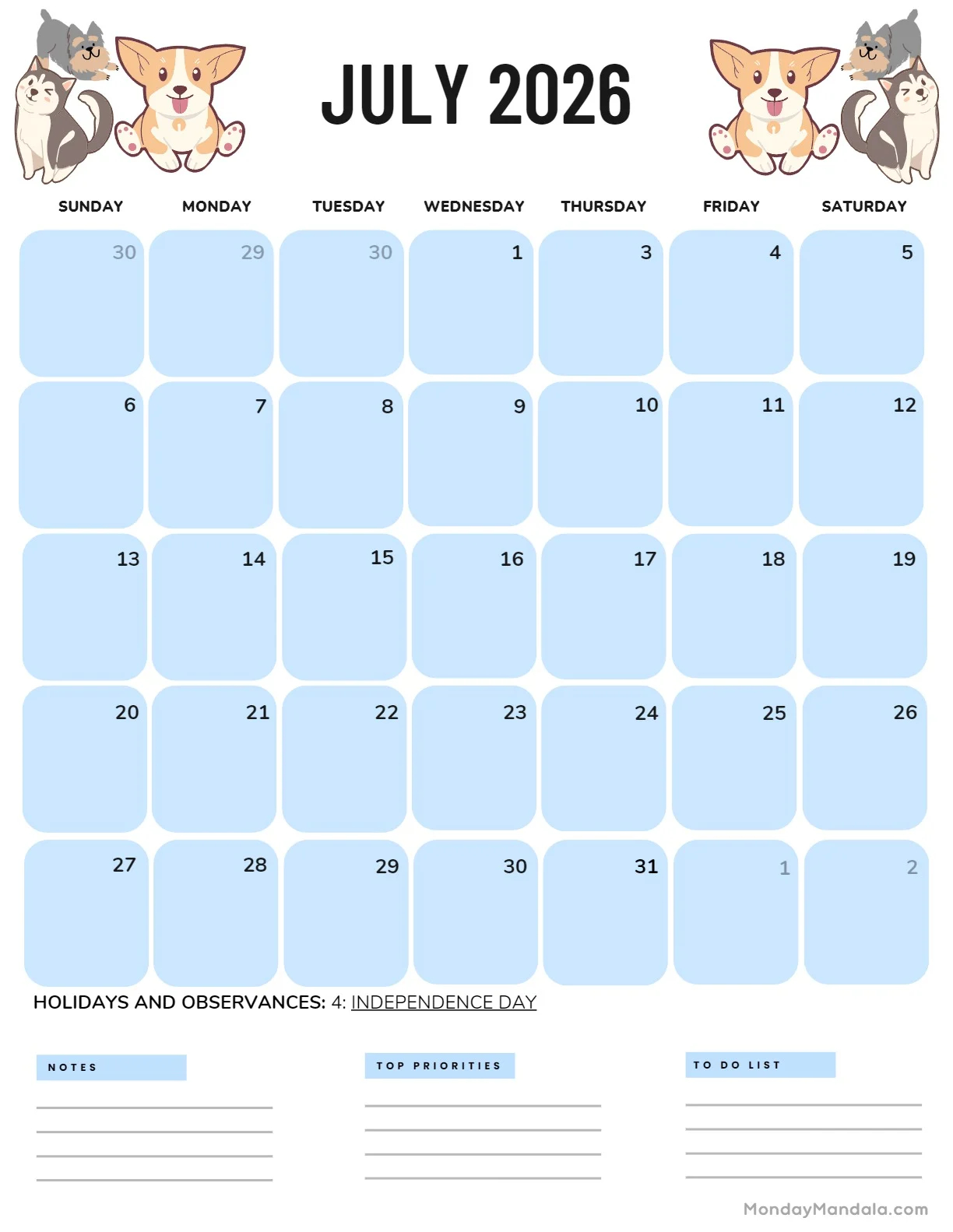 Printable Calendar Of July 2026