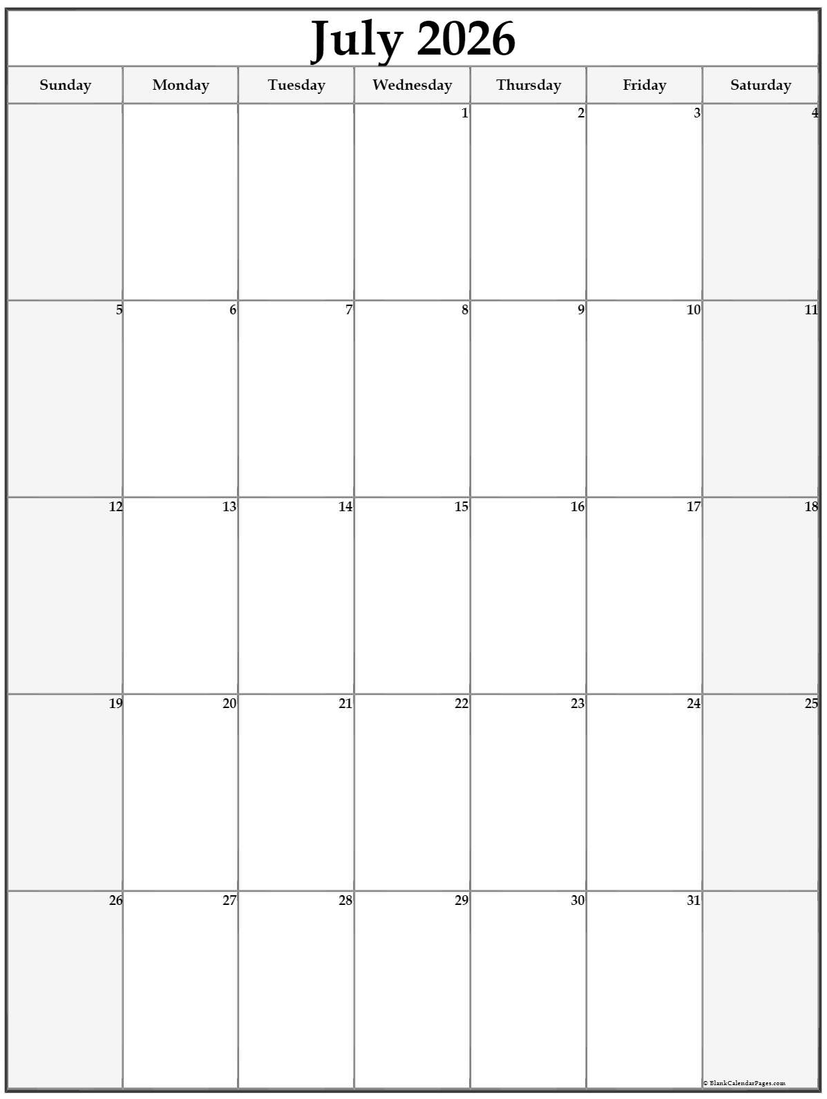 July 2026 Vertical Calendar Portrait
