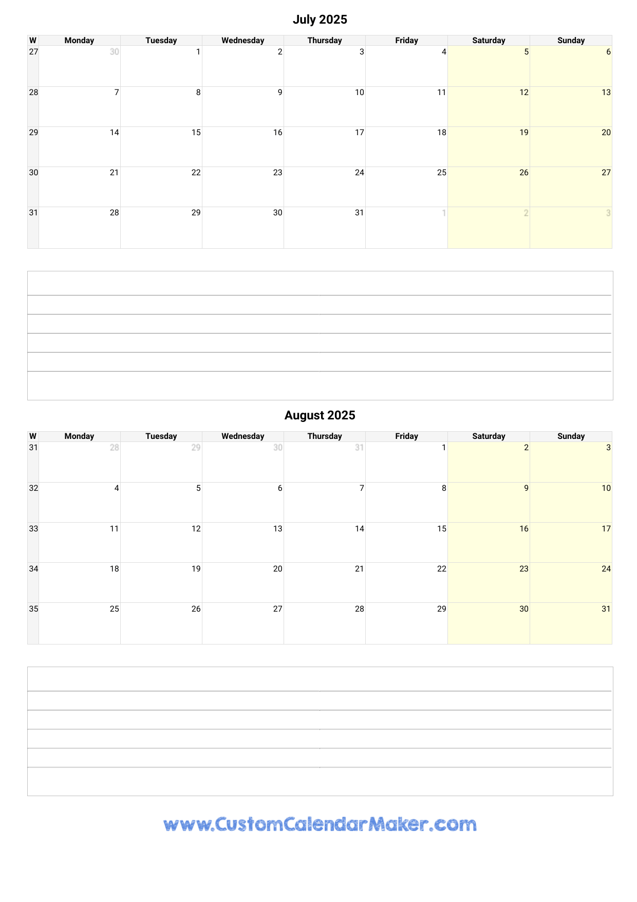 July And August 2026 Calendar Free Printable
