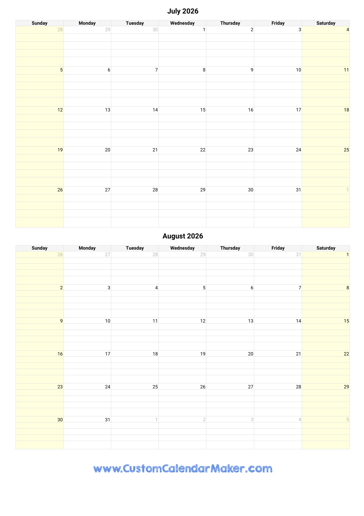 July And August 2026 Calendar Custom Calendar Maker