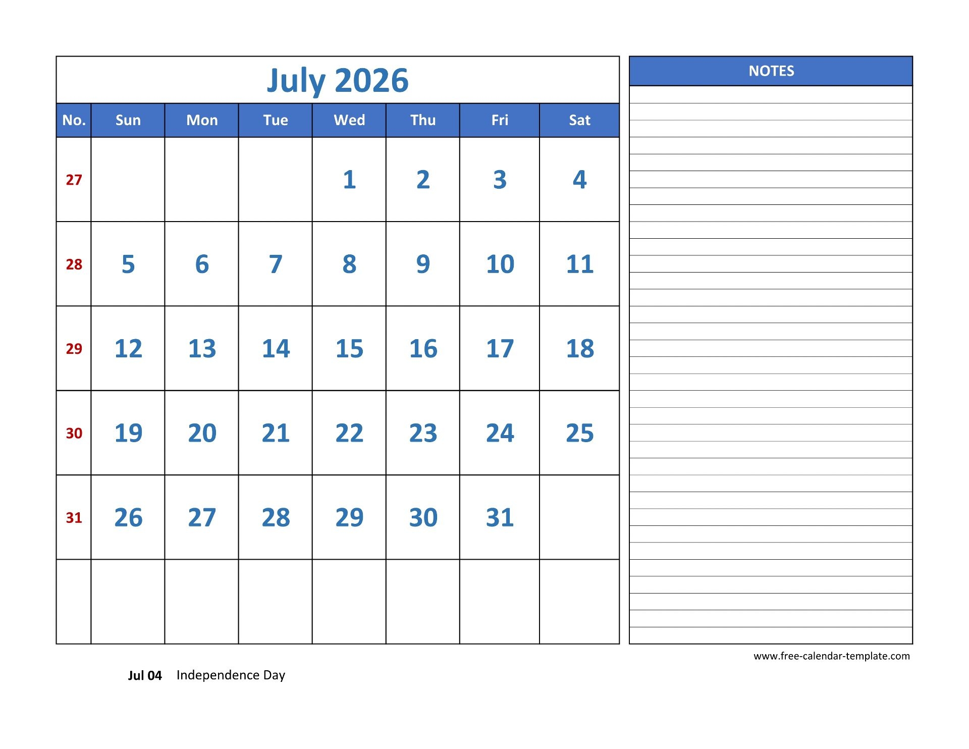 Printable July 2026 Calendar With Holidays