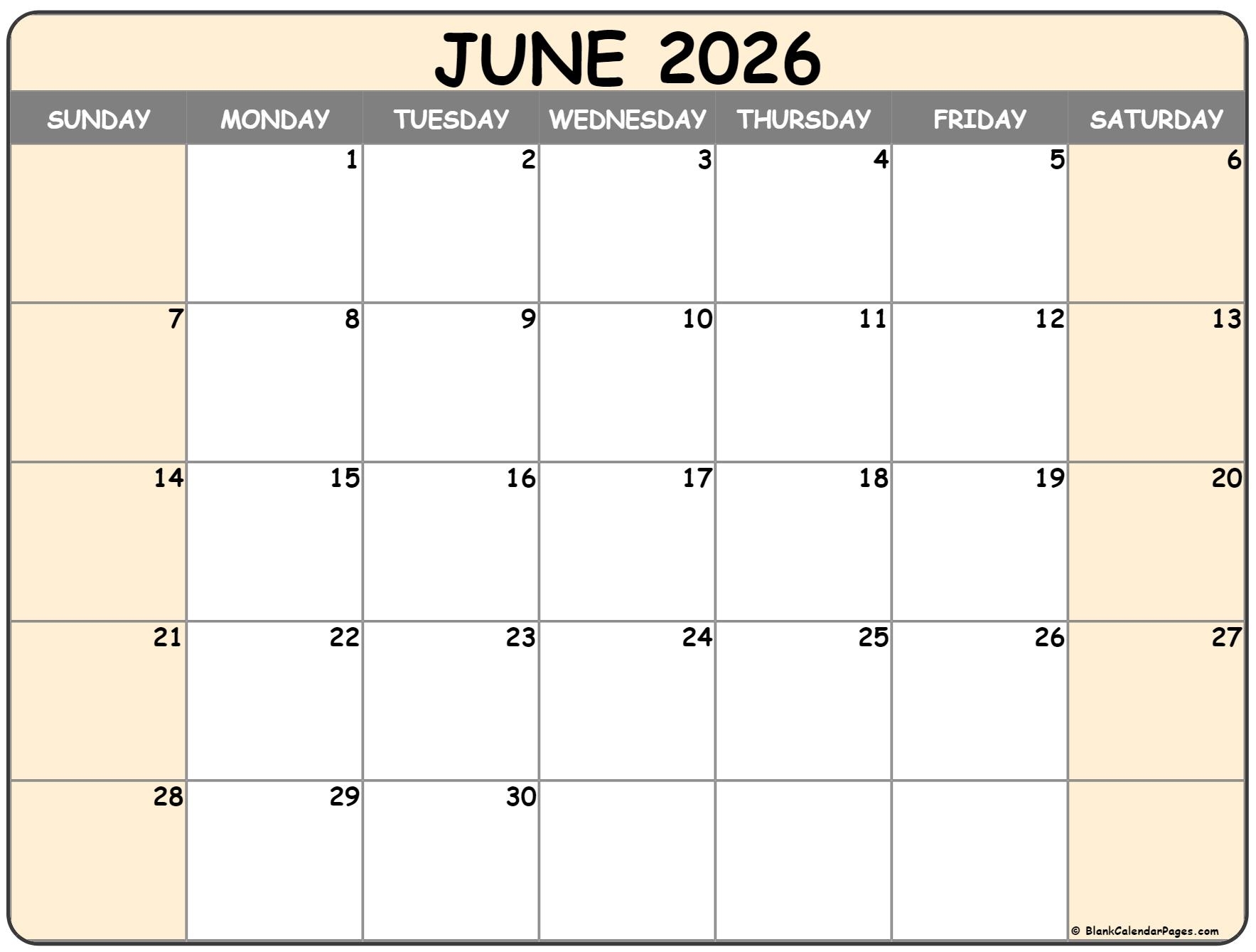 June 2026 Calendar Free Printable Calendars