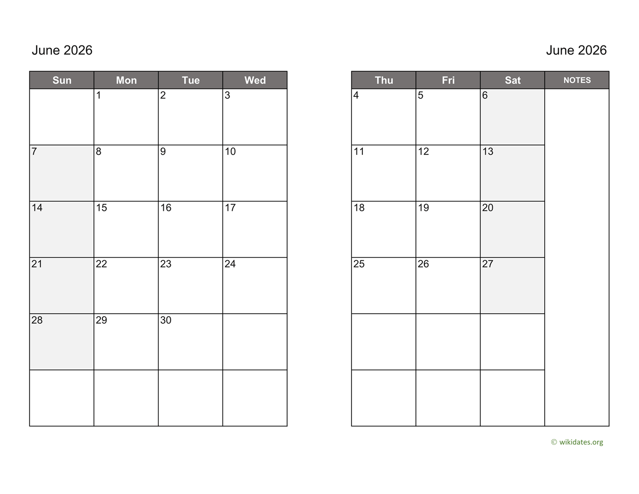 June 2026 Calendar On Two Pages WikiDates