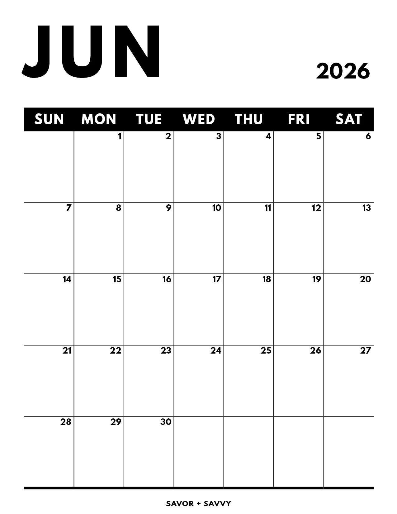 June 2026 Calendar Templates 14 Free Printables Savor Savvy