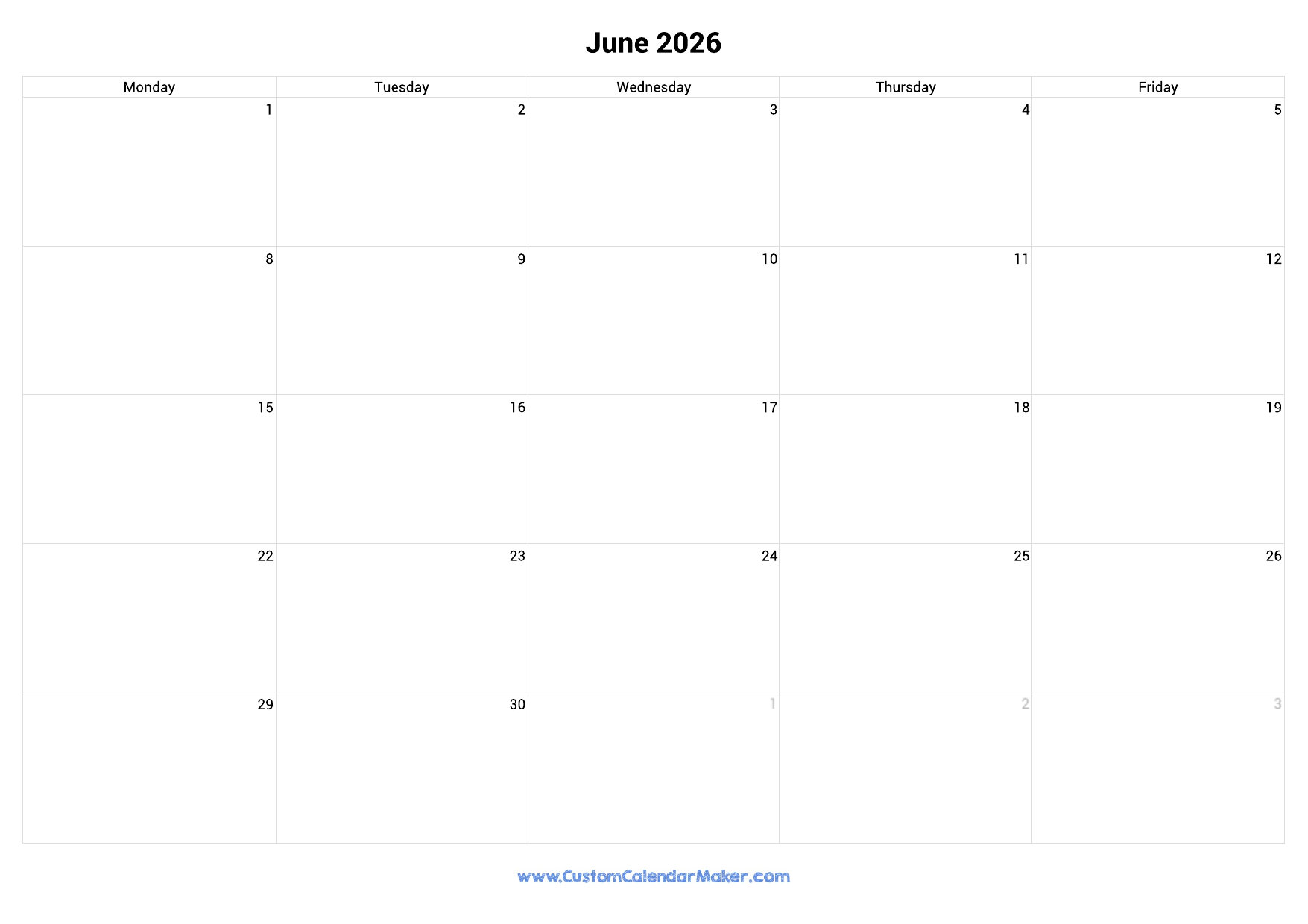 June 2026 Calendar Weekdays Only Monday To Friday Custom Calendar Maker