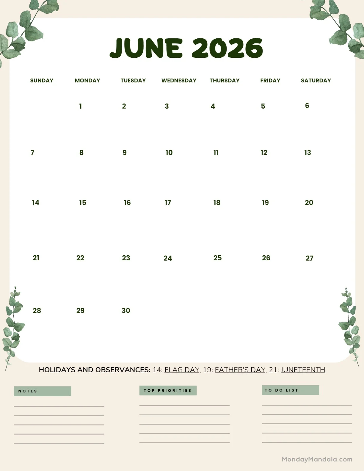 June Printable 2026 Calendar