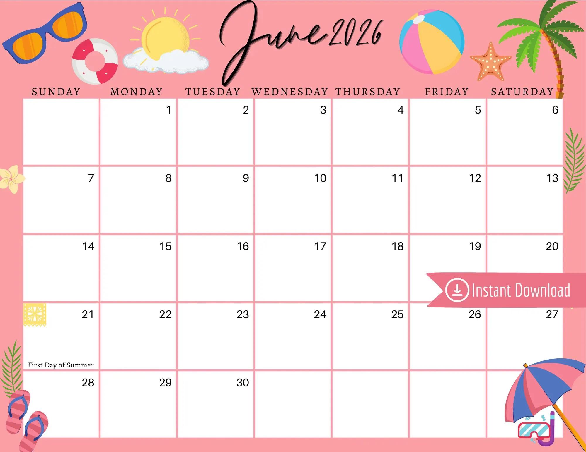 June 2026 Digital Calendar Pink Summer Planner Editable Fillable Printable Calendar For Planning PDF PNG And JPG Download Etsy