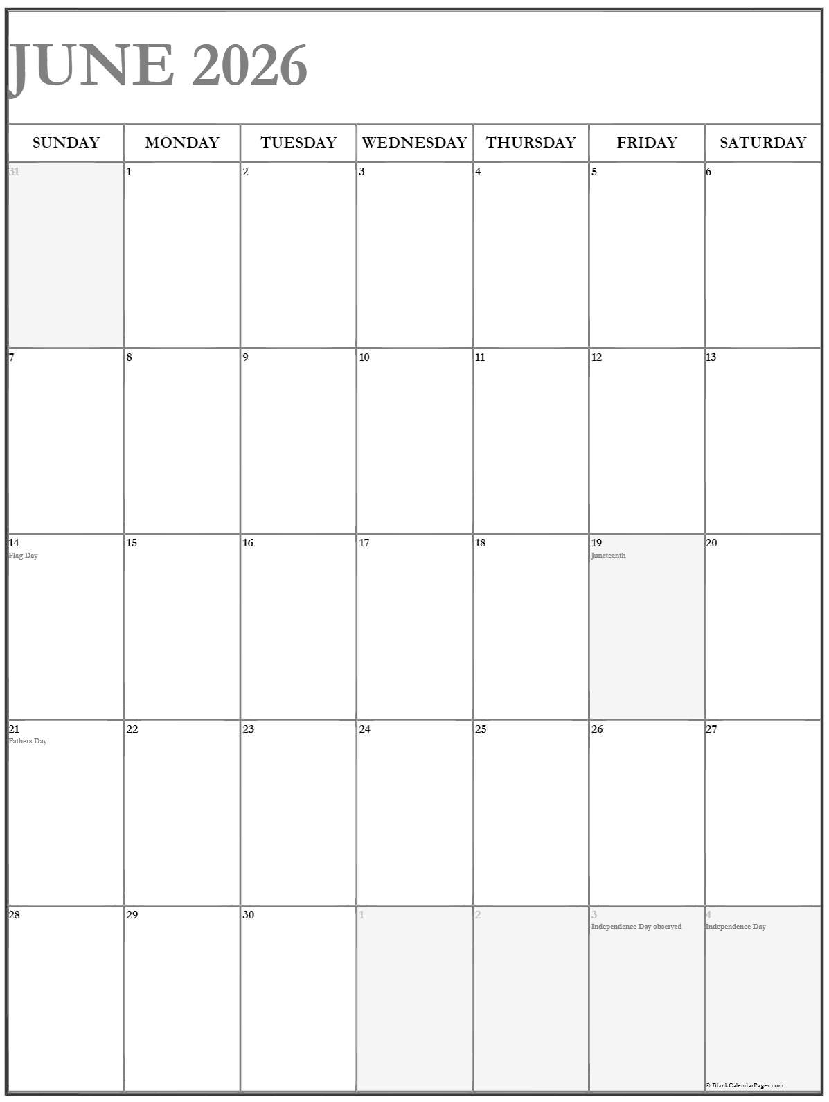 June 2026 Vertical Calendar Portrait