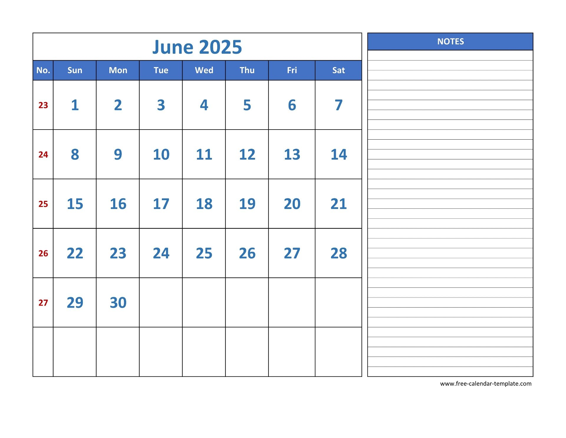 June Calendar 2025 Grid Lines For Holidays And Notes horizontal Free Calendar template June Calendar 2025 Grid Lines For Holidays And Notes horizontal Free Calendar template