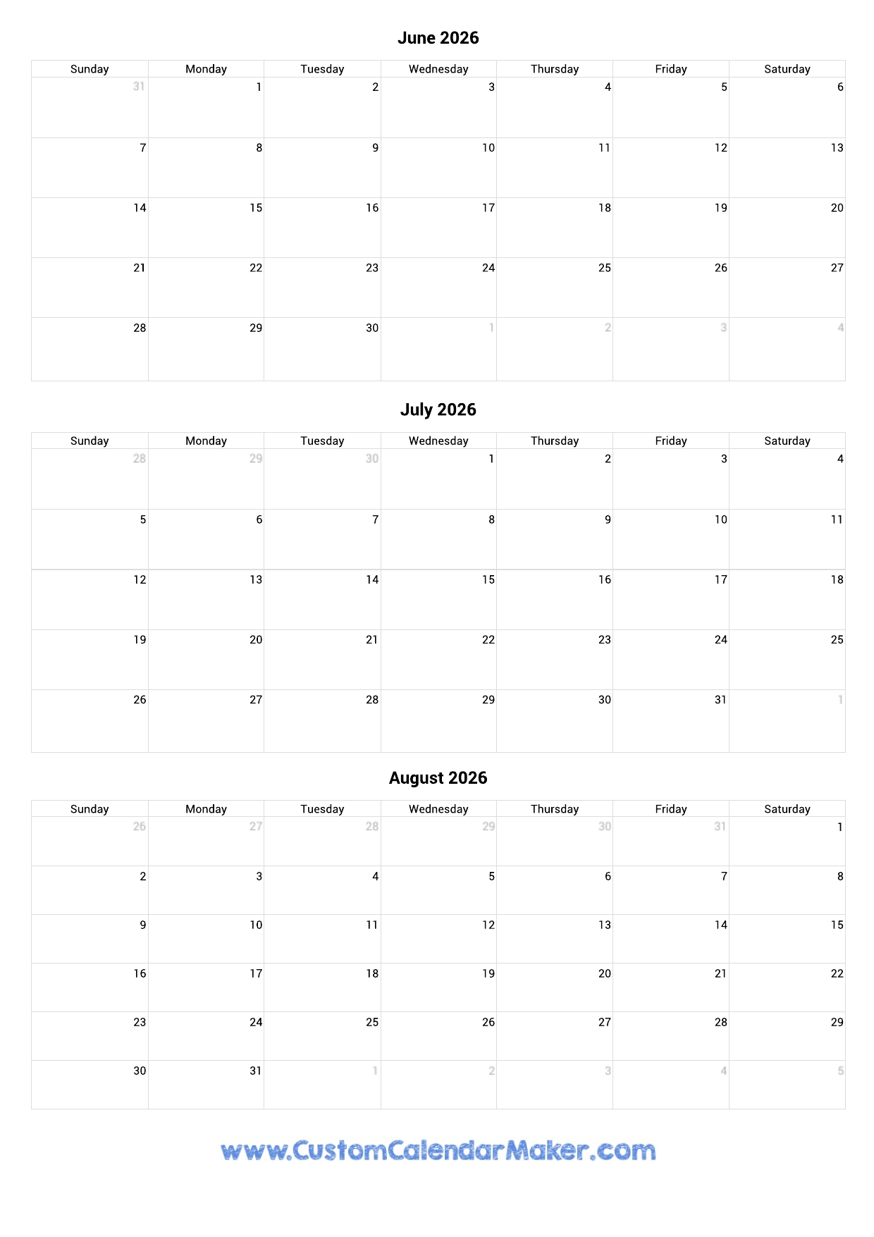 Printable Calendar 2026 June July August