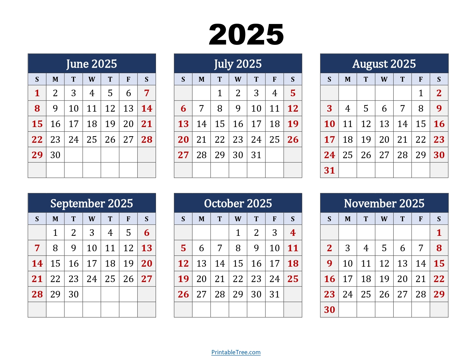June To November 2025 Calendar Printable PDF Six Months Calendar