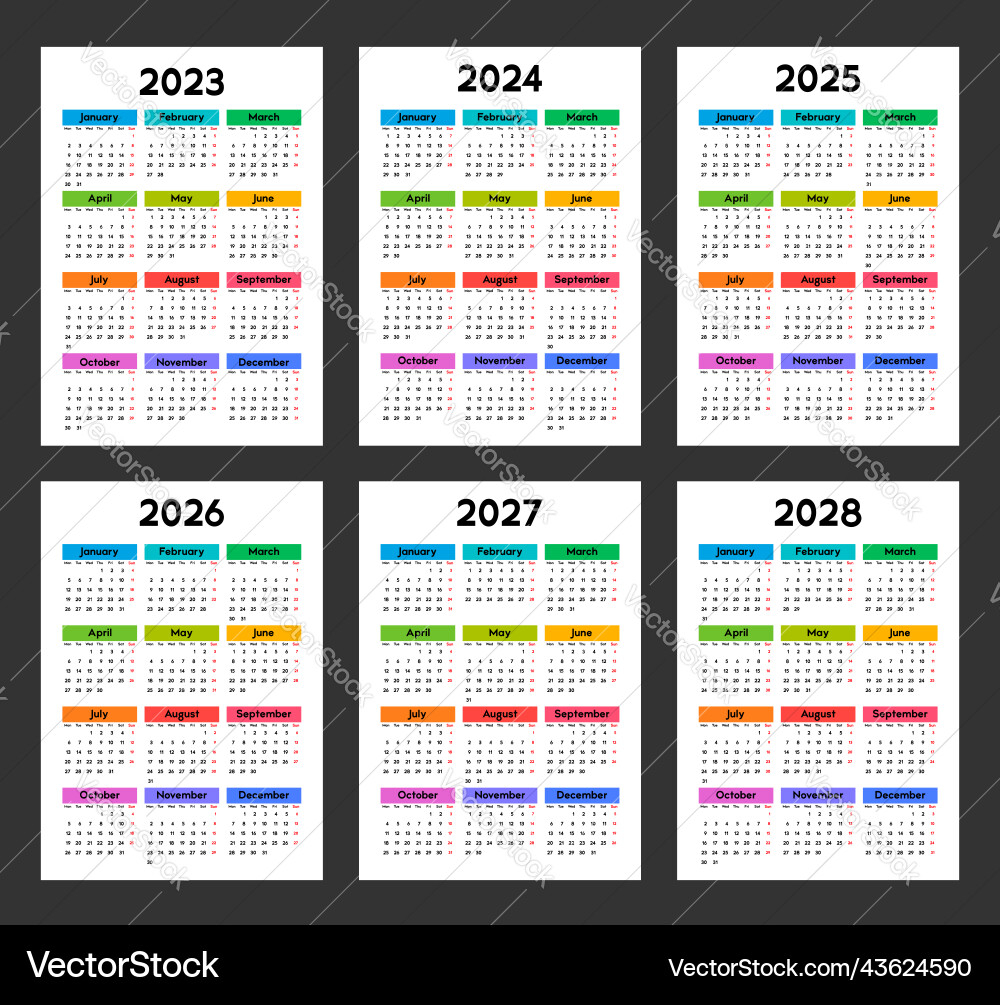 Kalender 2023 2024 2025 2026 2027 2028 Woche Vektorbild