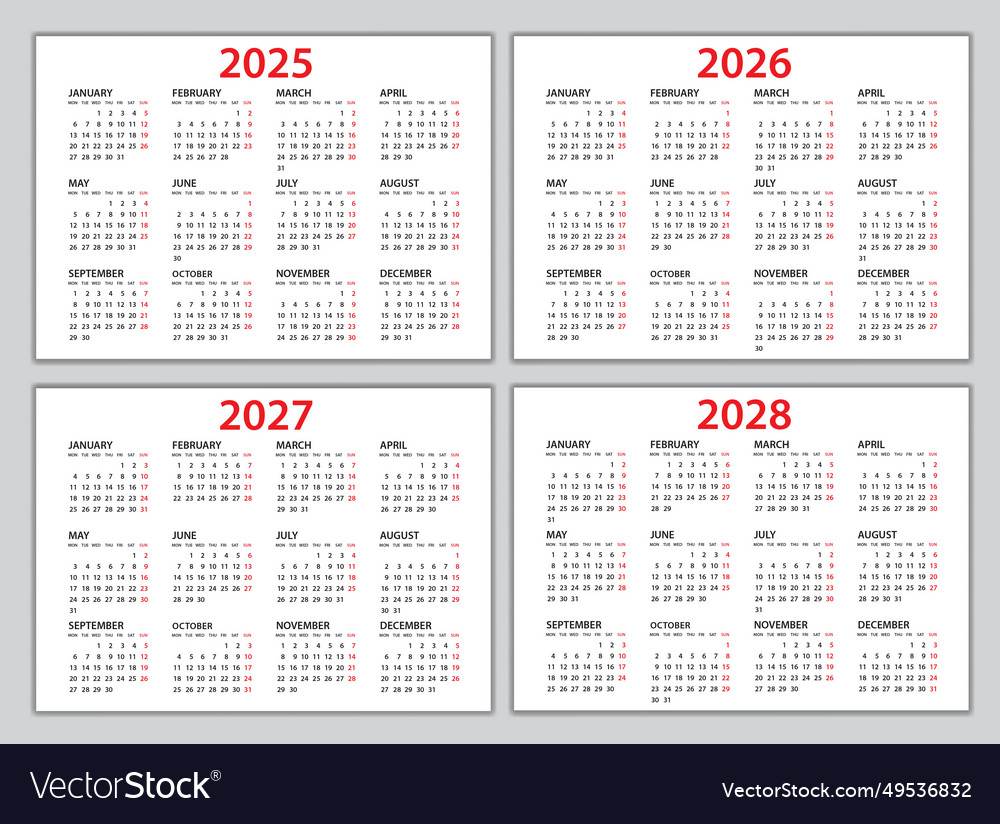Kalender 2025 2026 2027 2028 Vorlagenplaner Vektorbild