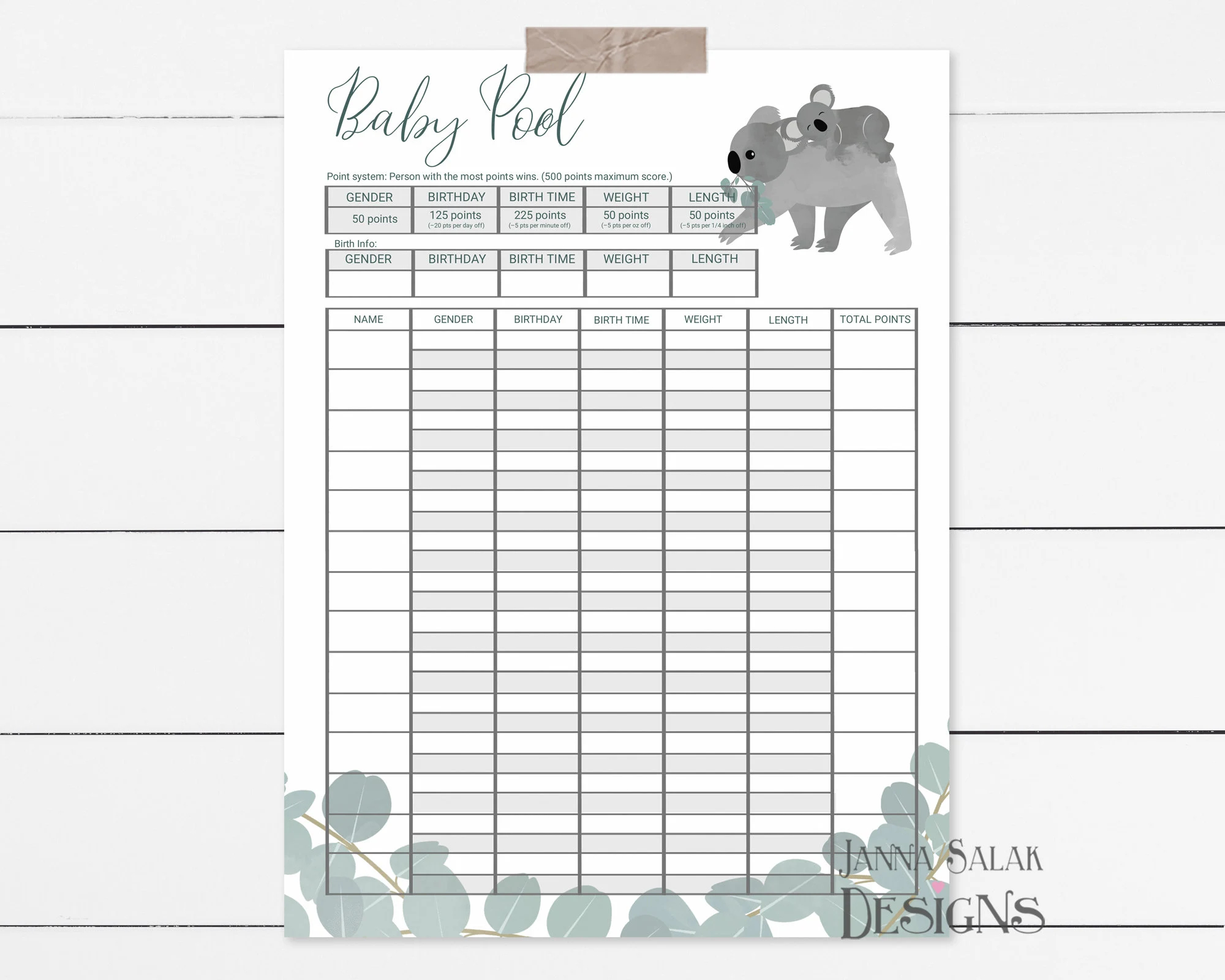 Koala Baby Pool Birth Prediction Printable Poster Sign Template Eucalyptus 11x17 18x24 24x36 diy With Editable Text KO01 Etsy