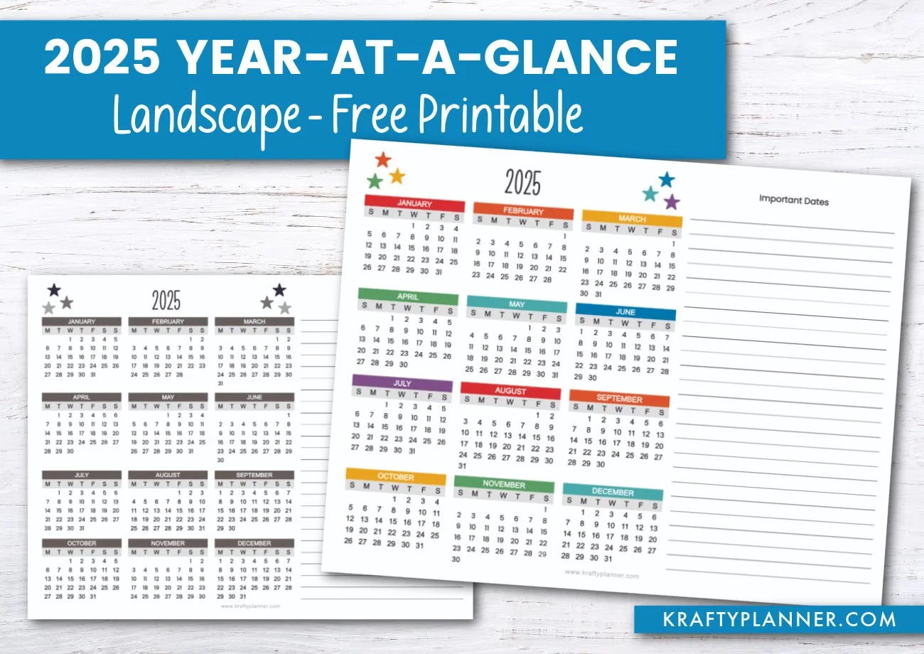 Landscape 2025 Year at a Glance Calendar Krafty Planner