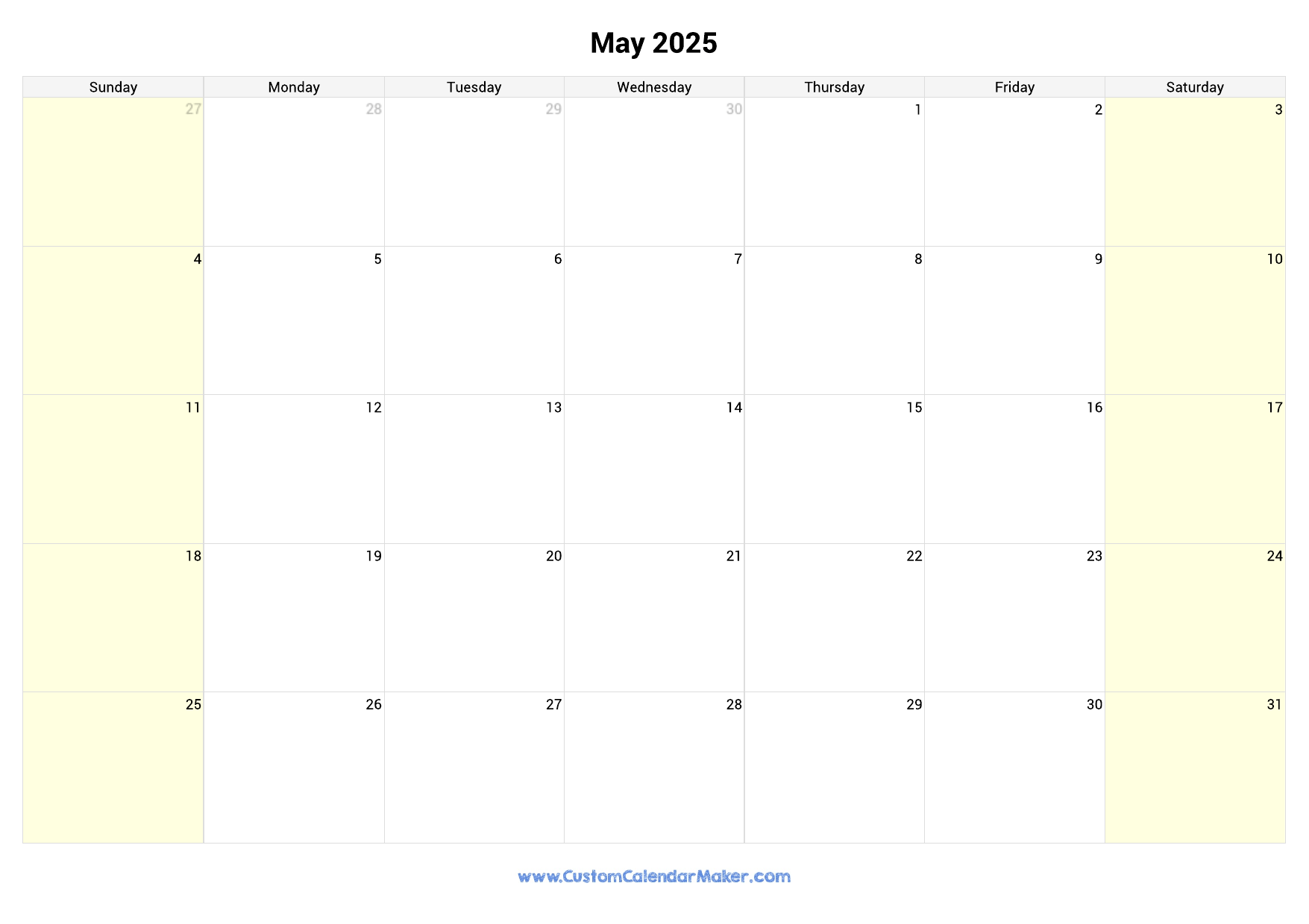 May 2025 Calendar Printable With Highlighted Weekends Custom Calendar Maker May 2025 Calendar Printable With Highlighted Weekends Custom Calendar Maker