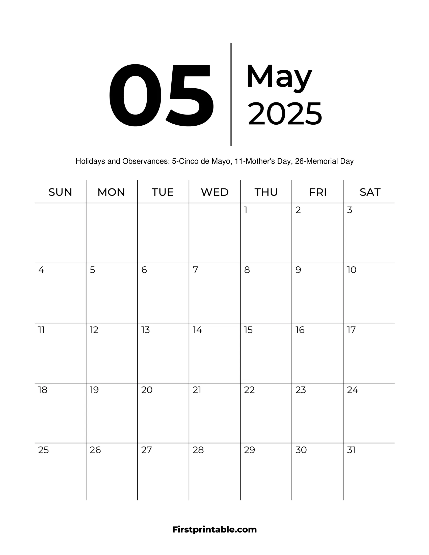 May 2025 Calendars Free Printable Fillable
