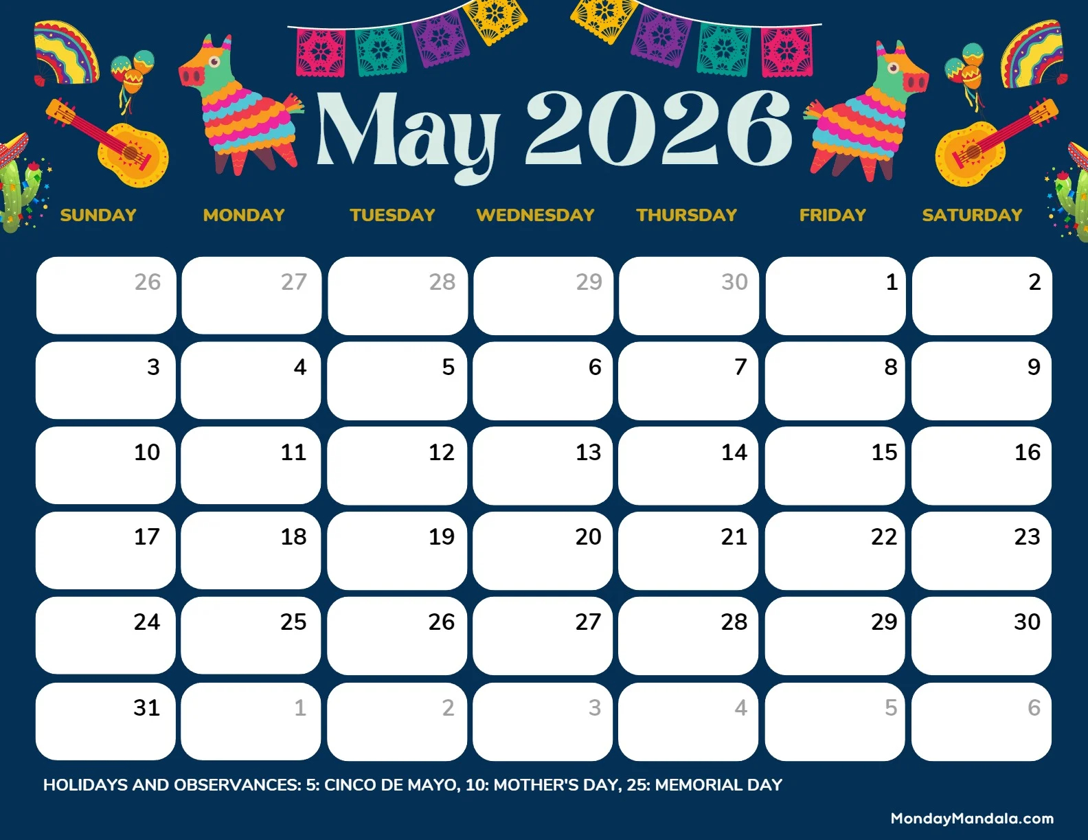 May Printable Calendar 2026