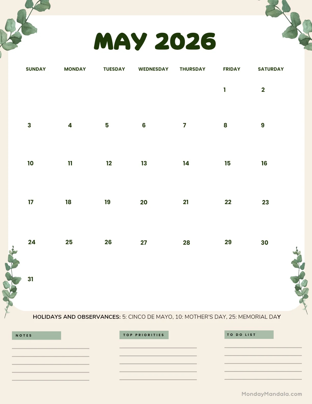 May 2026 Calendar Printable Free