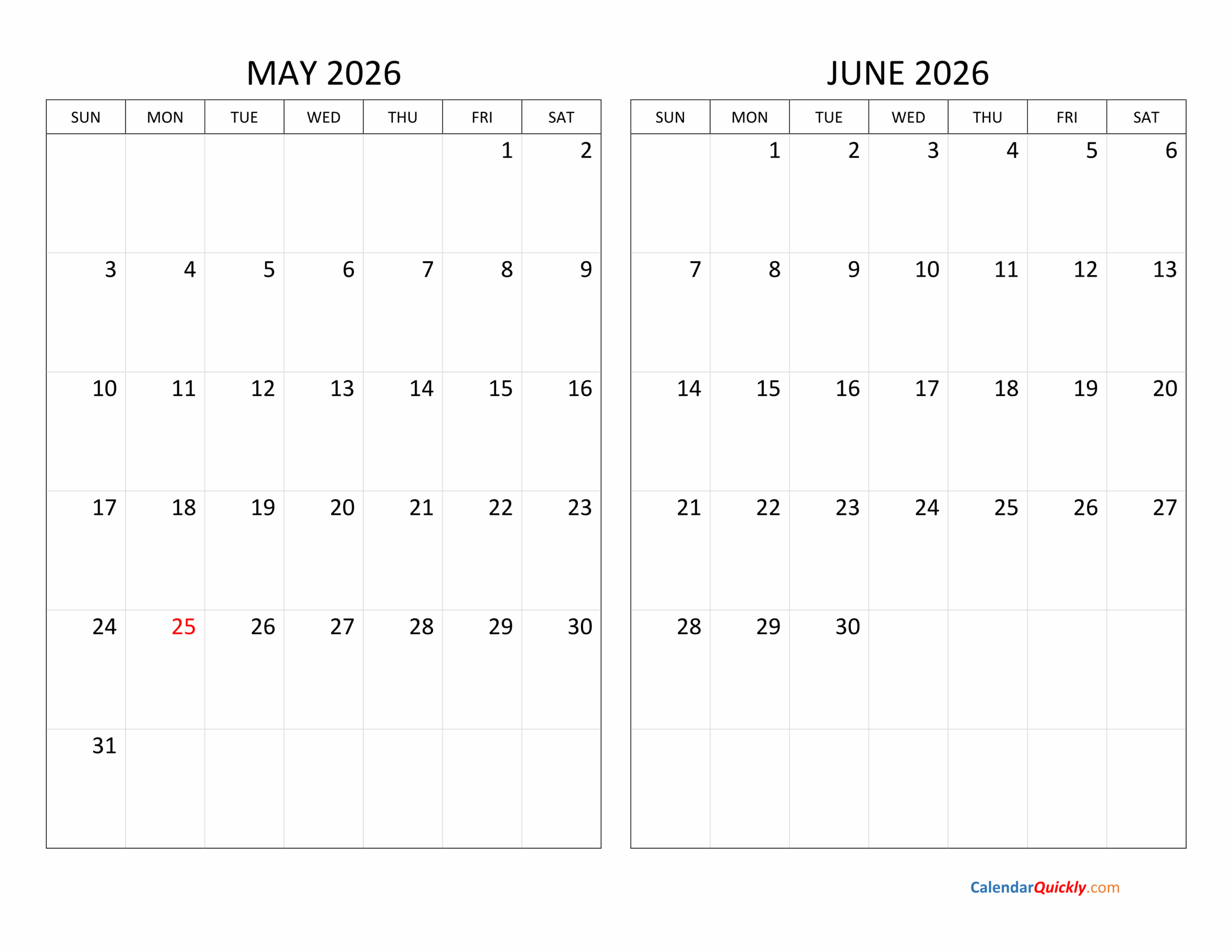 May And June 2026 Calendar Calendar Quickly