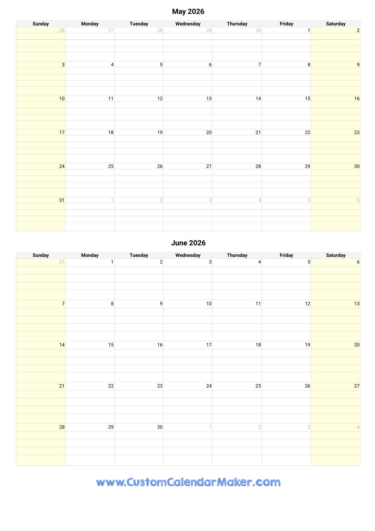 Monthly Calendar June 2026 Printable