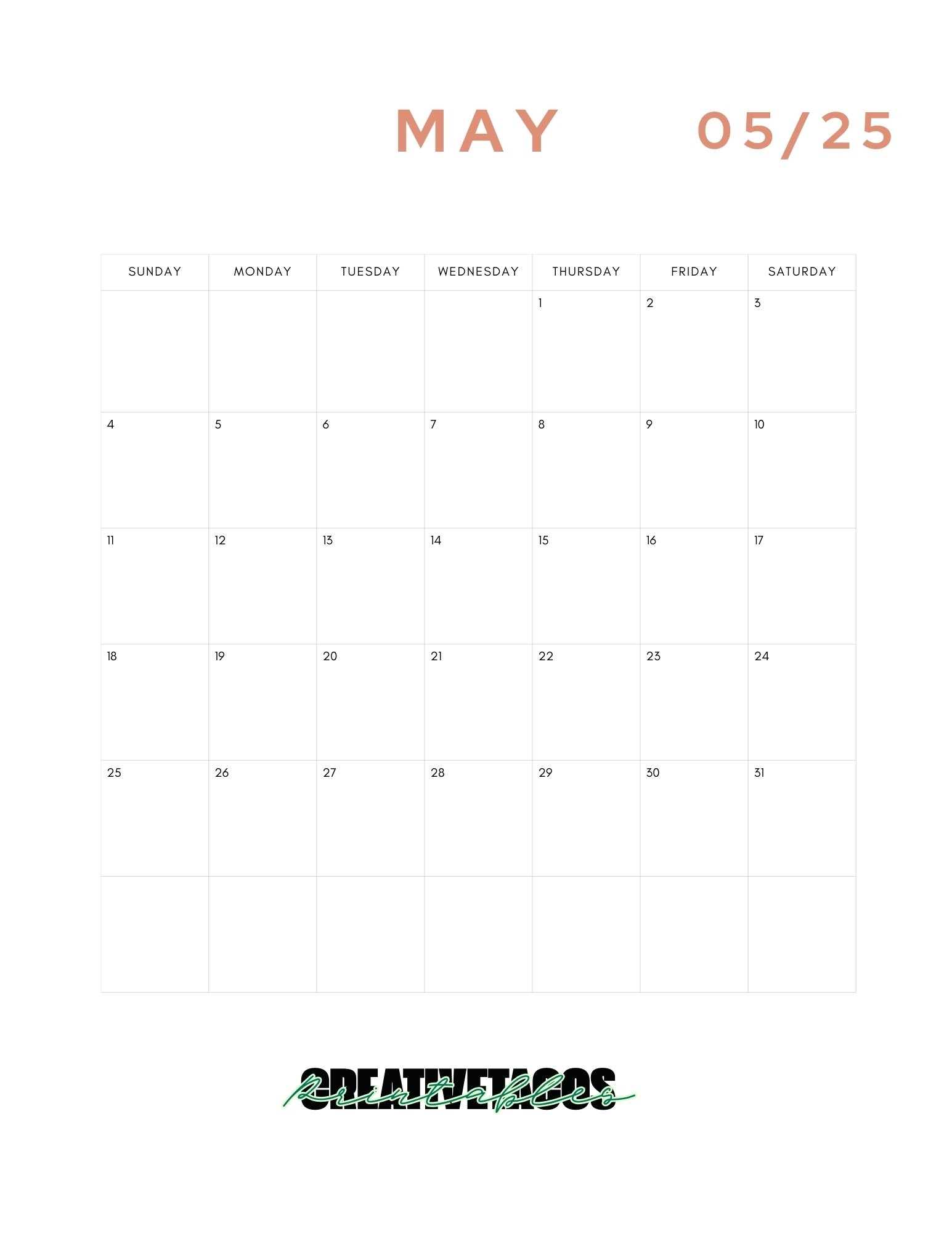 Monthly Calendar Template 2025 Printable