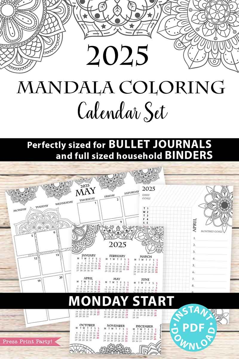 monday start 2025 calendar printable set for bullet journals or binders mandala for bullet journals or binders