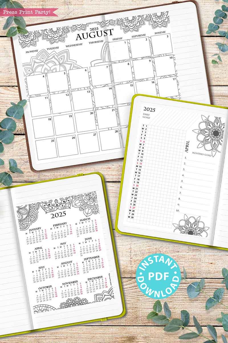 monday start 2025 calendar printable set for bullet journals or binders mandala for bullet journals or binders
