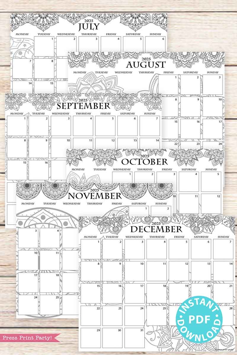 monday start 2025 calendar printable set for bullet journals or binders mandala for bullet journals or binders